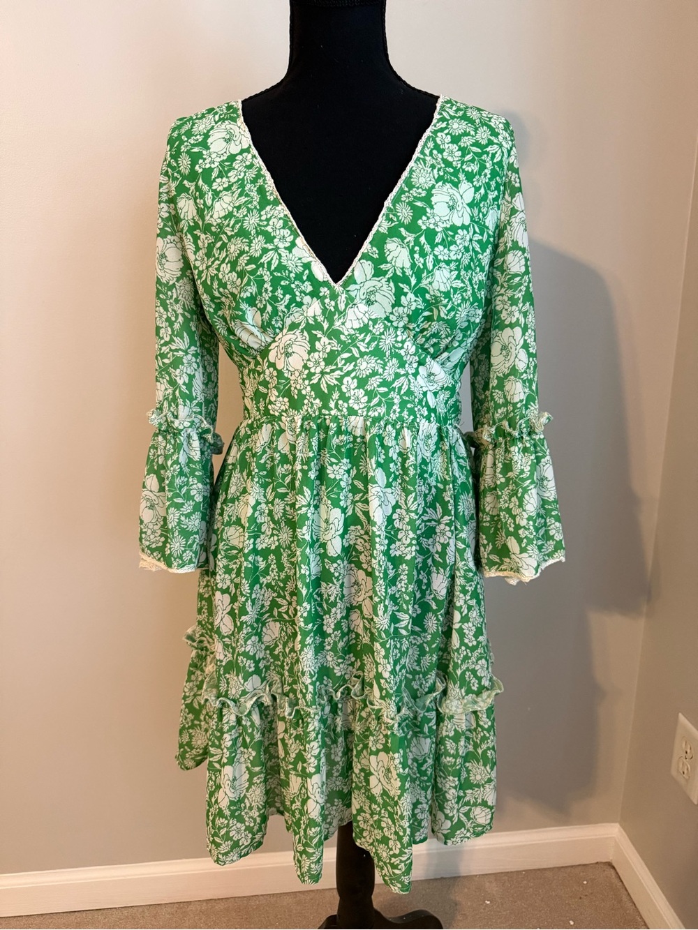 Flying Tomato Green & White Floral Wrap-Style Long Sleeve Dress